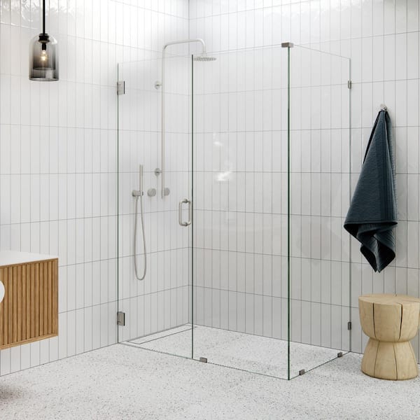 52 in. W x 34 in. D x 78 in. H Pivot Frameless Corner Shower Enclosure in Brushed Nickel Finish with Clear Glass