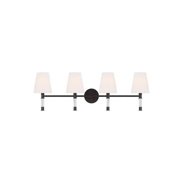 Generation Lighting Hanover 34.125 in. W x 11 in. H 4-Light Aged Iron Dimmable Mid-Century Rustic Vanity Light with Milk Glass Shades