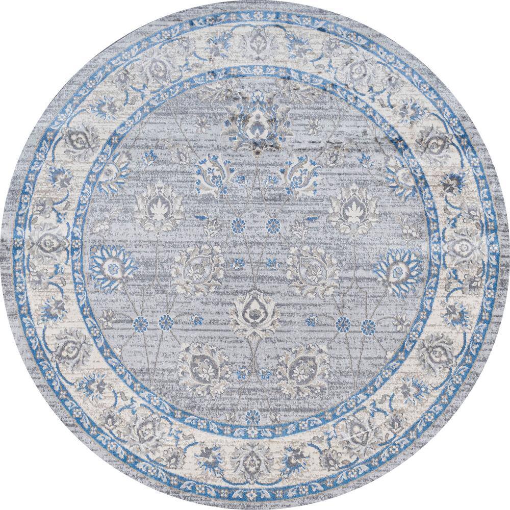 Elegant Gray/Blue Floral Synthetic Round Rug, 6' Diameter
