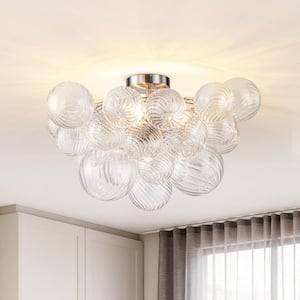 20.9 in. 3-Light Globe Cluster Brushed Nickel Semi-Flush Mount Light Chandelier with Twisted Glass Shade for Living Room