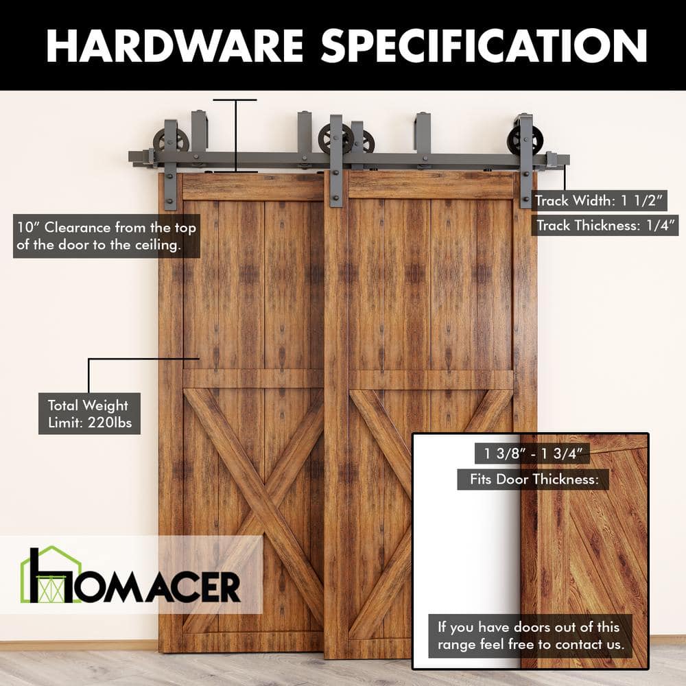 Black Rustic Double Track Bypass Sliding Barn Door Hardware Kit, 12ft