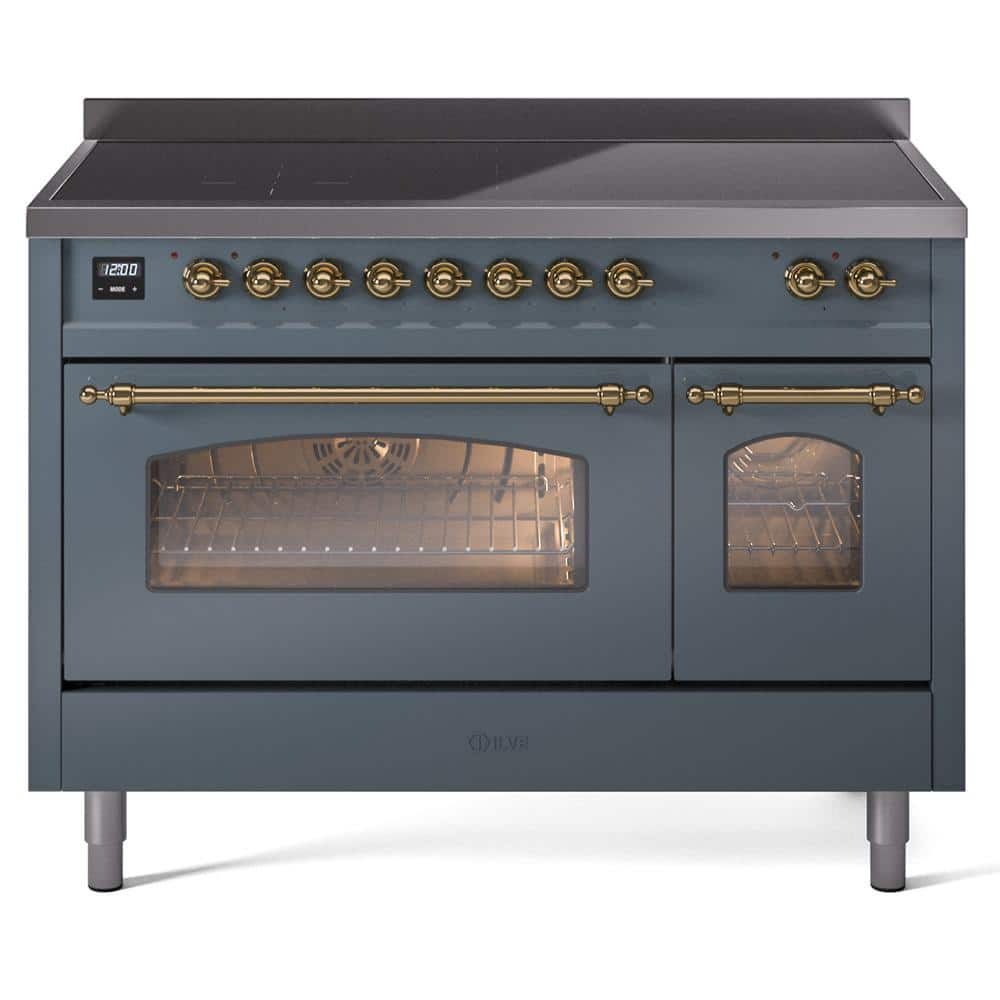 Nostalgie 48 in. 6 Zone Freestanding Double Oven Induction Range in Blue Grey with Brass Trim -  ILVE, UPI486NMPBGG