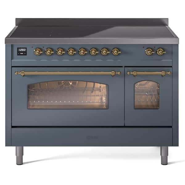 ILVE Nostalgie 48 in. 6 Zone Freestanding Double Oven Induction Range in Blue Grey with Brass Trim
