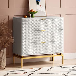 Vico Mid-century White 31 in. Tall Embossed Pattern 3 Drawer Storage Cabinet Set with a Metal Base