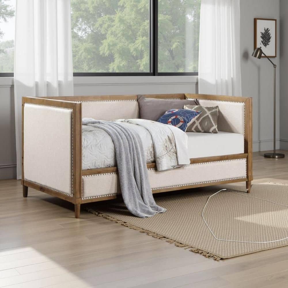 BANJARA Kyra Beige and Light Oak Pinewood Twin Daybed with