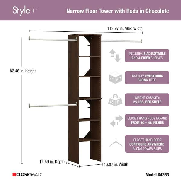 ClosetMaid Style+ Chocolate Hanging Wood Closet Corner System with (2) 16.97 in. W Towers, 2 Corner Shelves and 2 Corner Rods, Brown