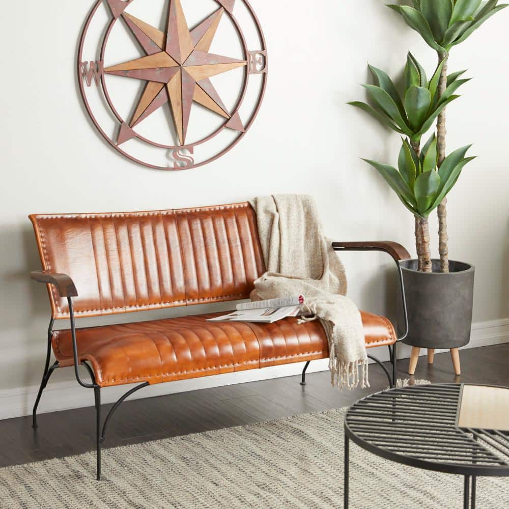 Litton Lane 25 in. Brown Leather 2 Seater Tufted Loveseat with