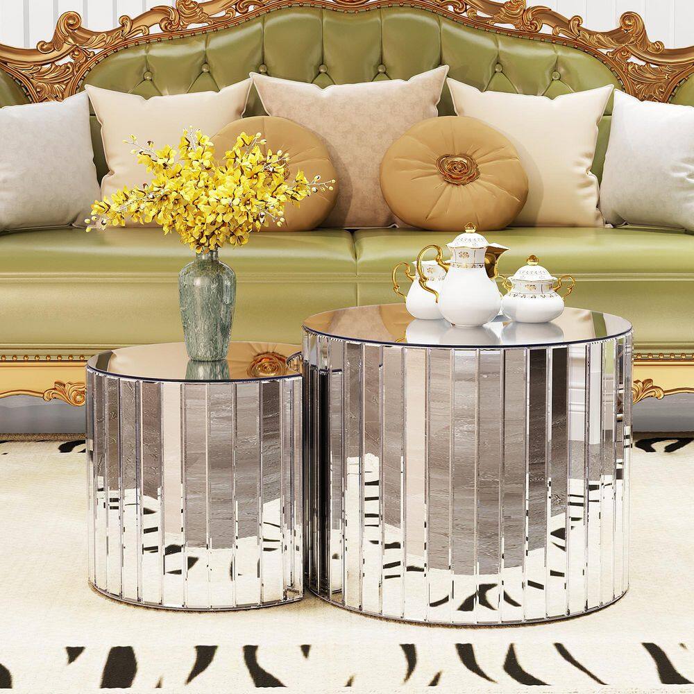 39 in. Silver Round Glass Mirror Coffee Table with Beveled Glass Top for Modern Living Room Furniture (Set of 2)
