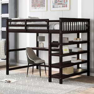 Espresso Full Size Loft Bed with Desk, Full Loft Bed with Storage Shelves, Kids Loft Bed/Wood Loft Bed Frame with Ladder