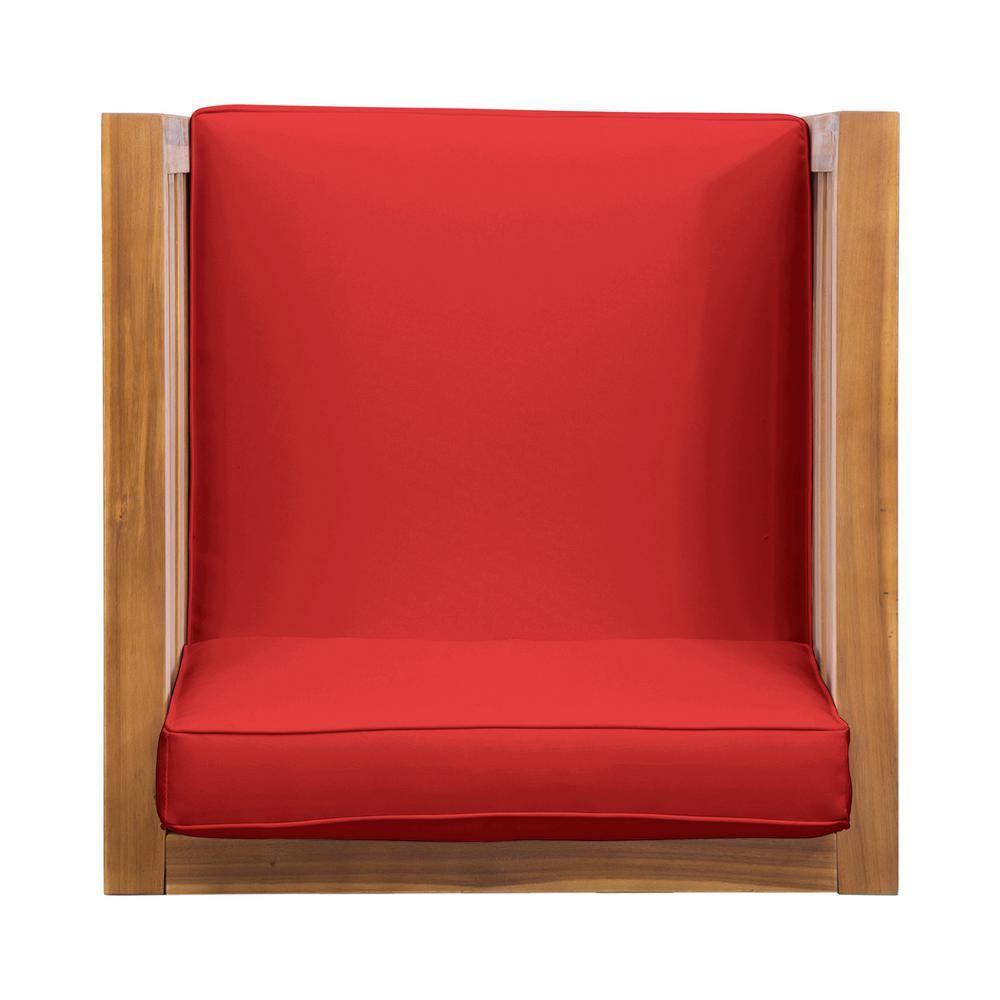 Teak Brown Lounge Chair with Plush Red Cushions