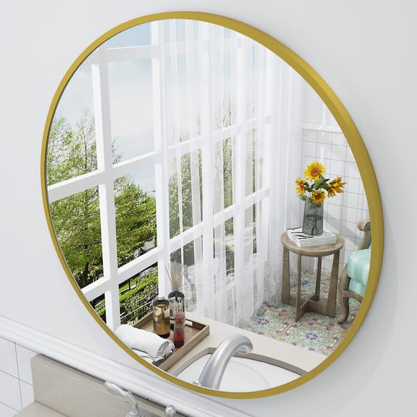 Apmir 32 in. W x 32 in. H Round Aluminum Alloy Framed French Cleat Mounted Wall Decor Bathroom Vanity Mirror in Matte Gold