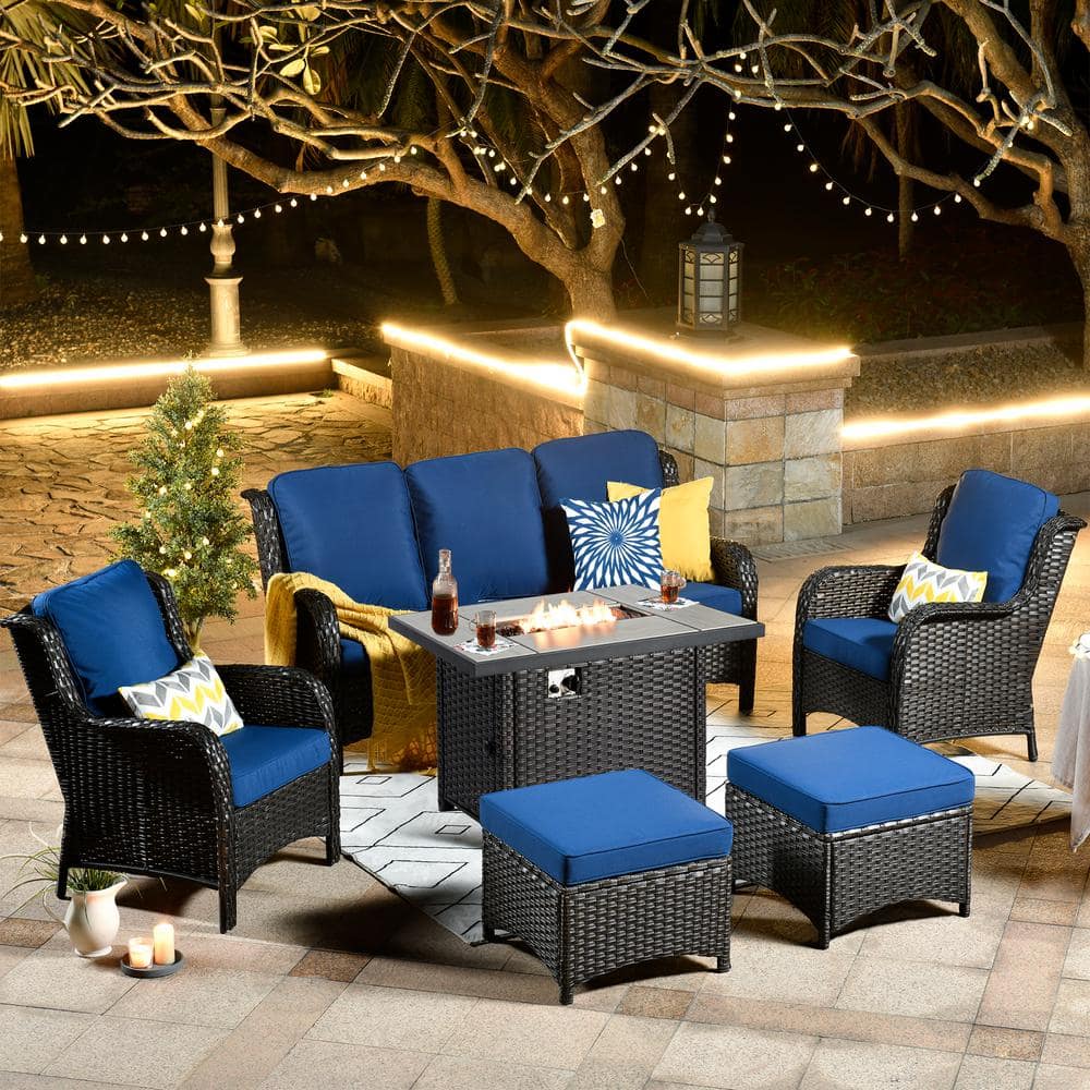 Moonset Brown 6-Piece Wicker Outdoor Patio Rectangular Fire Pit Seating Sofa Set and with Navy Blue Cushions price history on PriceWatchPro