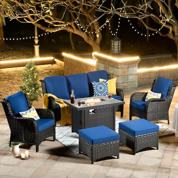 XIZZI Moonset Brown 6-Piece Wicker Outdoor Patio Rectangular Fire Pit Seating Sofa Set and with Navy Blue Cushions