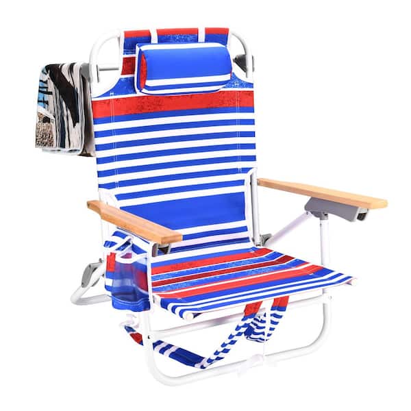 Otryad 1-Piece Blue White Stripes Aluminum Backpack Folding Beach Chair, 5 Position Adjustable with Headrest and Storage Bag