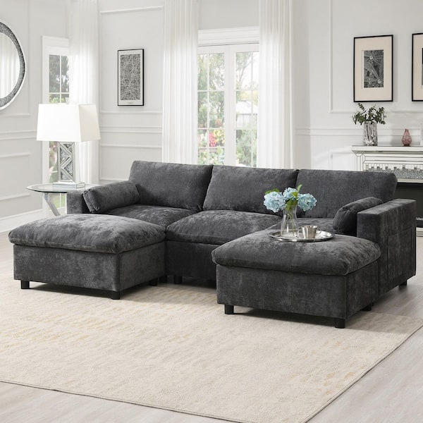 86.5 in. Square Arm Chenille Sofa in Dark Gray with Storage Pockets, 2 Movable Ottoman and Armrest Pillows