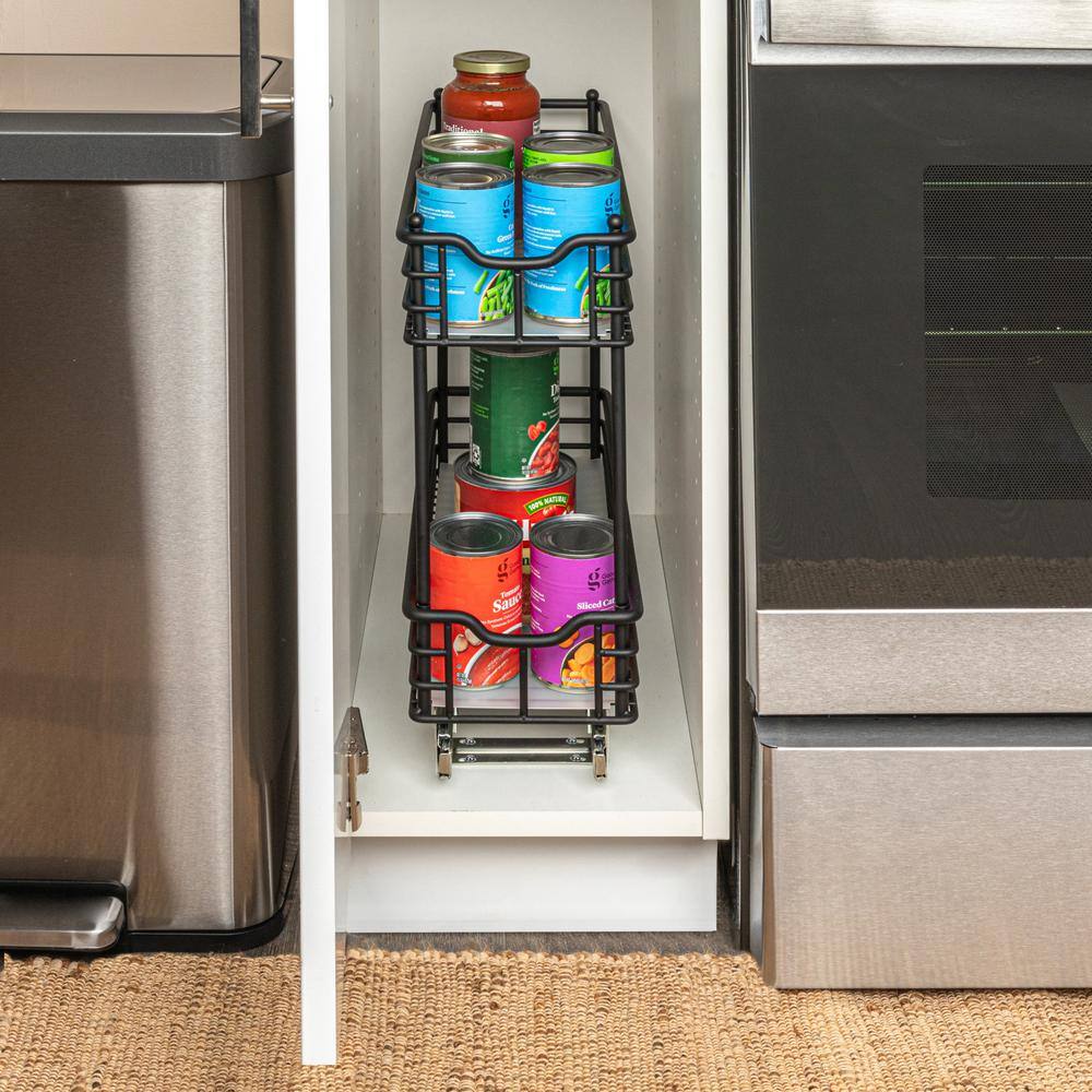 Black Steel 2-Tier Pull-Out Storage Organizer with Plastic Liners
