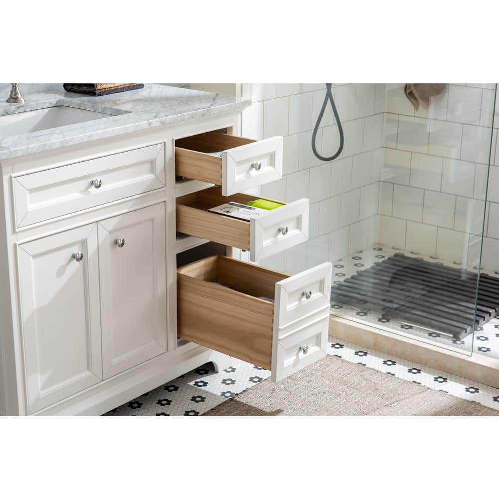 South Bay 37" White Solid Wood Bathroom Vanity with Marble Top