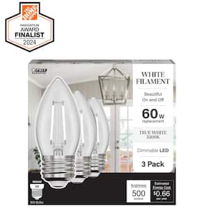 60-Watt Equivalent B10 E26 Medium Dim White Filament Clear Glass Chandelier LED Light Bulb, True White 3500K (3-Pack)