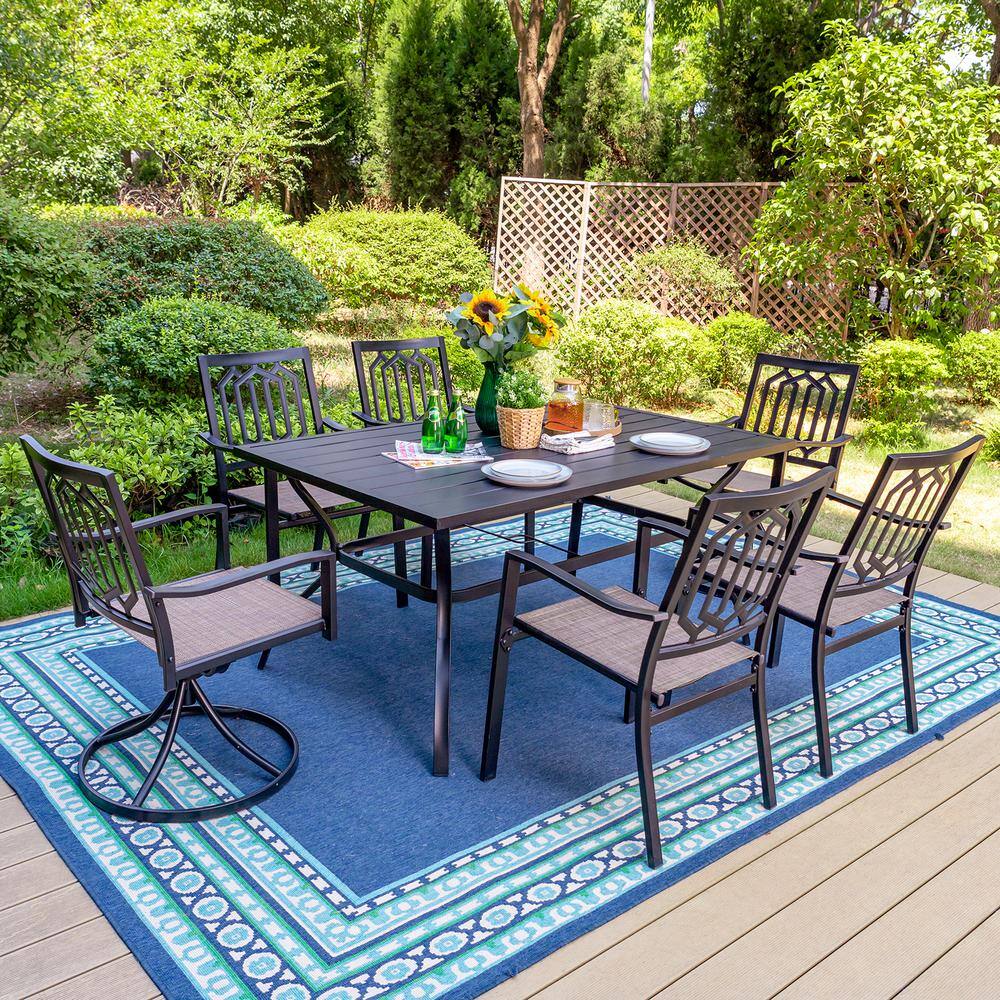 PHI VILLA Black 7Piece Metal Patio Outdoor Dining Set with Slat