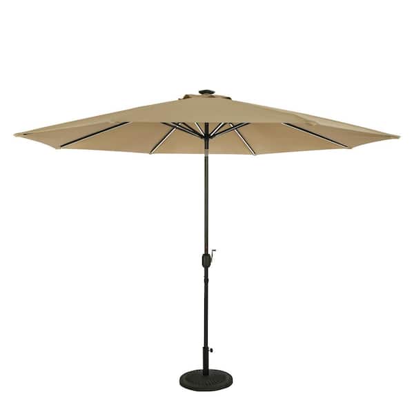 Island Umbrella Calypso II 11 ft. Octagon Market Umbrella with LED Strip Lights in Champagne- Breez-Tex