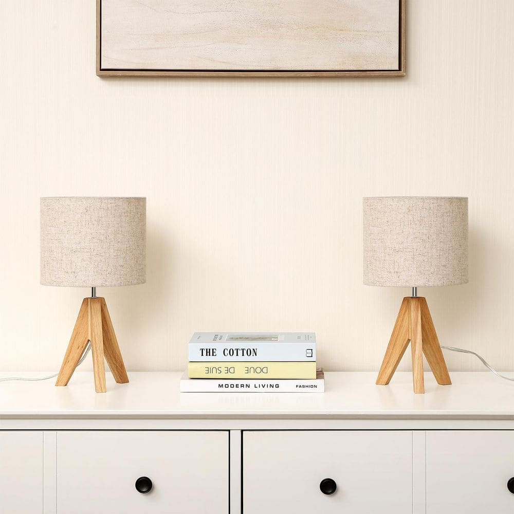 14.2 in. Plain Wooden Base Table Lamp Set Beige Shade and Tripod (Set of 2) price history on PriceWatchPro