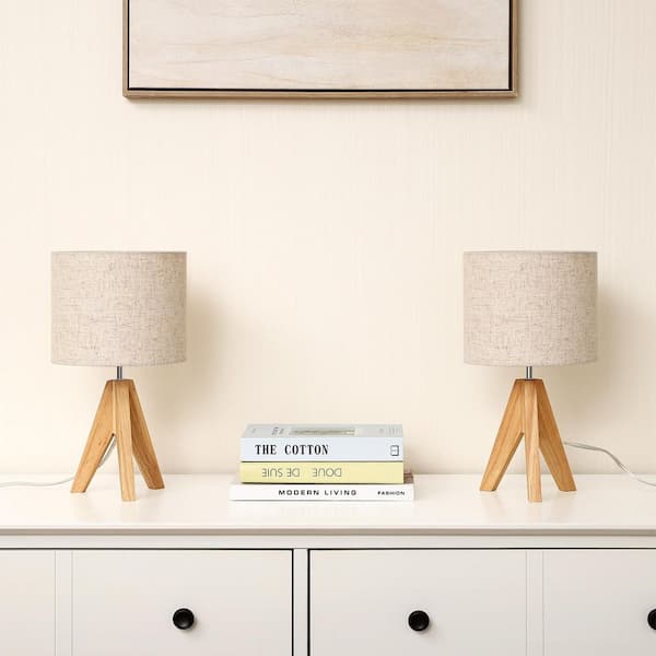 14.2 in. Plain Wooden Base Table Lamp Set Beige Shade and Tripod (Set of 2)