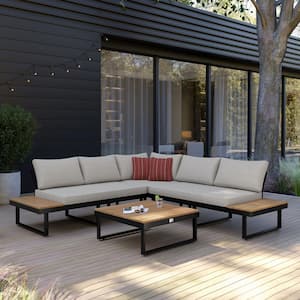 Plateau Black 4-Piece Metal Outdoor Sectional Set with Beige Cushions