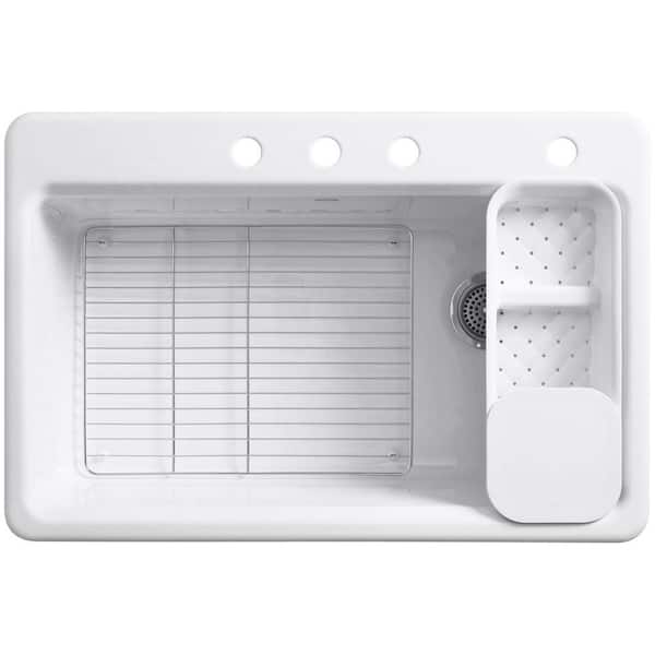 KOHLER Riverby Drop-In Cast Iron 33 in. 4-Hole Single Bowl Kitchen Sink Kit with Accessories in Biscuit