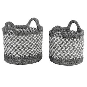 Large Round Checkered Black Mesh and White Cotton Rope Baskets (Set of 2)