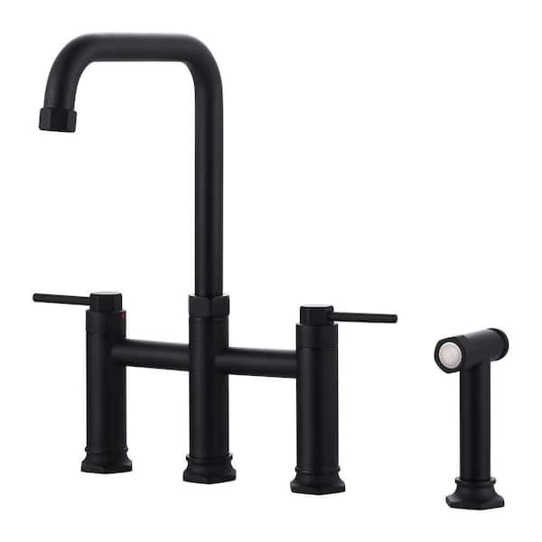 Double Handle Bridge Kitchen Faucet with Side Sprayer in Matte Black