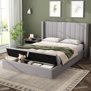 Briolette Gray Upholstered Wood Frame Queen Size Platform Bed with Headboard, Storage