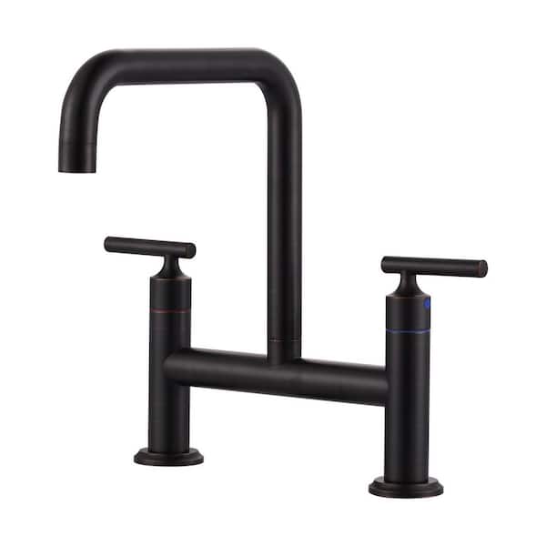 Double Handle Bridge Faucet with Kitchen Sink Hole Cover and 360° Swivel Spout in Oil Rubbed Bronze