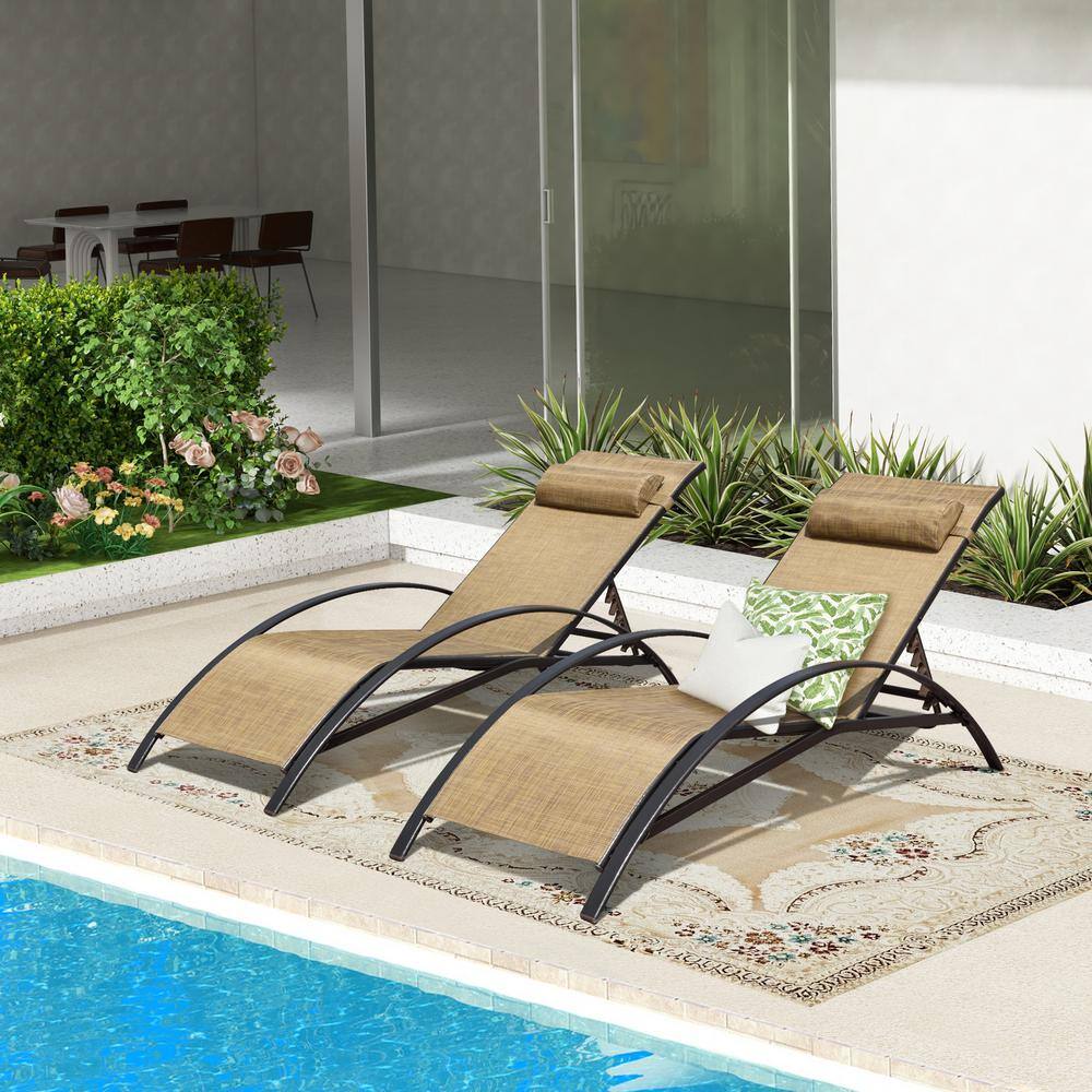 Set of 2 Adjustable Brown Textilene Fabric Chaise Lounges with Black Aluminum Frame