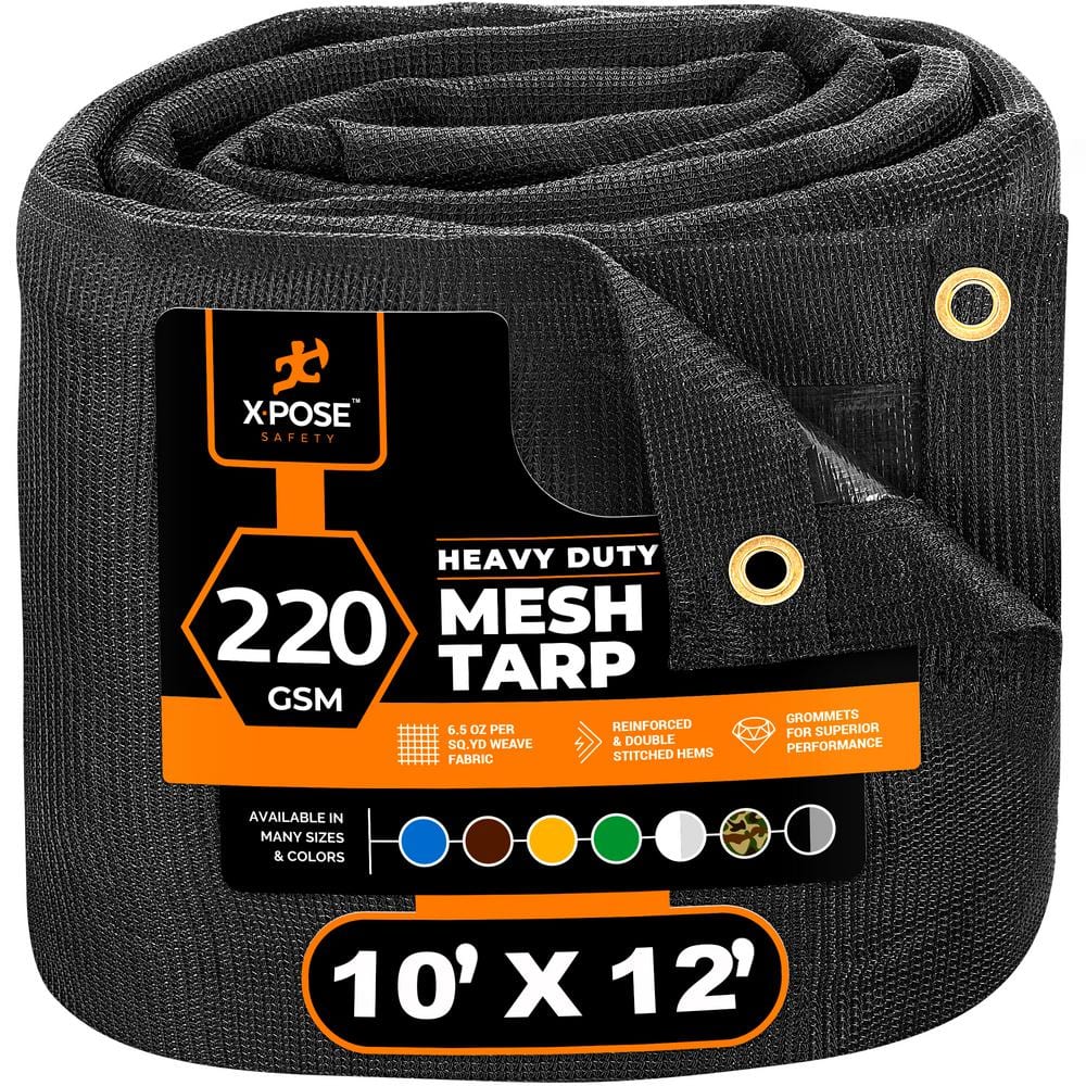 XPOSE SAFETY Heavy-Duty Mesh Tarp 10 ft. x 12 ft. Multi-Purpose Black ...