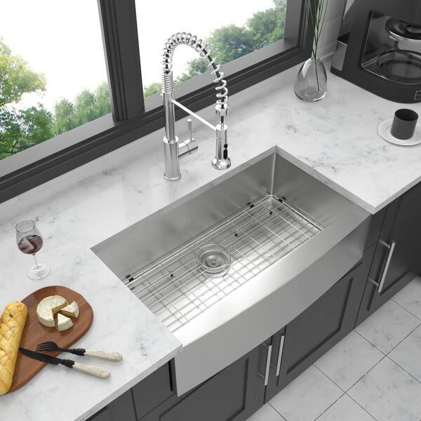 Unbranded - 33 in. Farmhouse/Apron-Front Single Bowl 16-Gauge Stainless Steel Kitchen Sink with Accessories