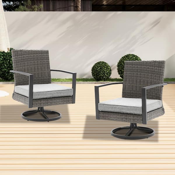 Wicker Patio Outdoor Swivel Dining Chairs with Gray Cushions (2-Pack)