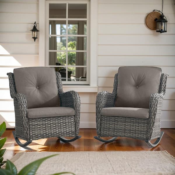 Opohoro ArcoBay Metal and Gray Wicker Outdoor Rocking Chair with Olefin Gray Cushions (2-Pack)