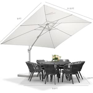 9 ft. x 11 ft. Outdoor Patio Cantilever Umbrella White Aluminum Offset 360° Rotation Umbrella with Base, White