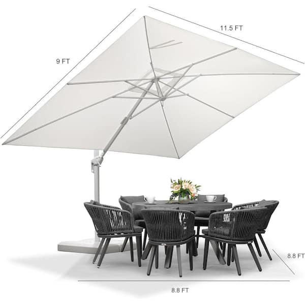 9 ft. x 11 ft. Outdoor Patio Cantilever Umbrella White Aluminum Offset 360° Rotation Umbrella with Base, White