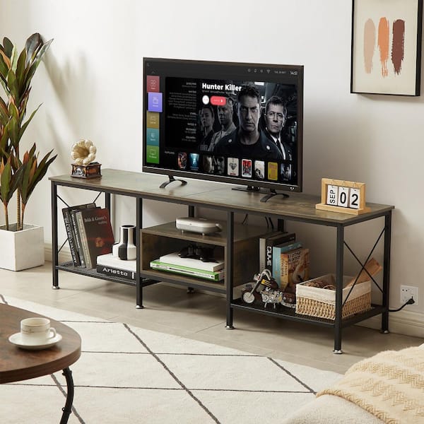 VECELO TV Stand with Power Outlets, Brown TV Console for 70 in. Industria Media Entertainment Center with Charging Station