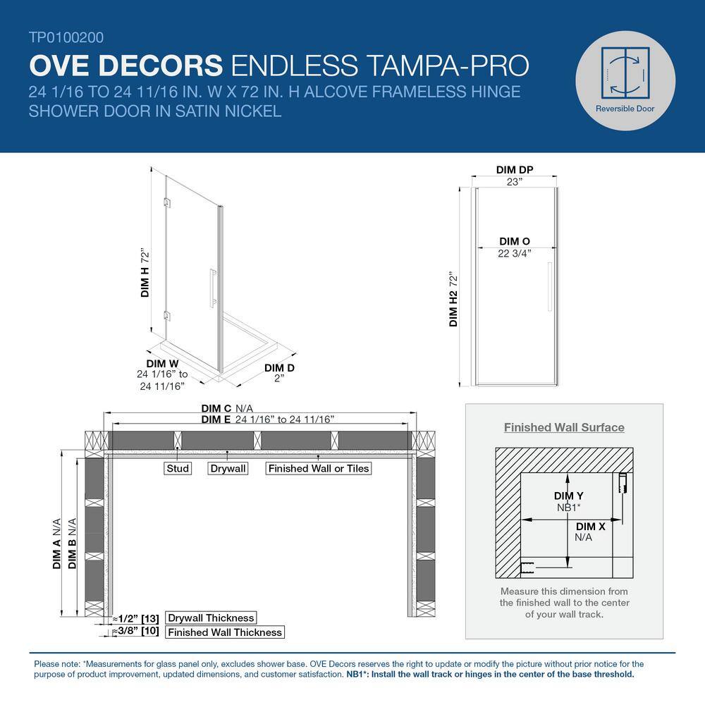 Tampa-Pro Satin Nickel Frameless Alcove Shower Kit with Tempered Glass