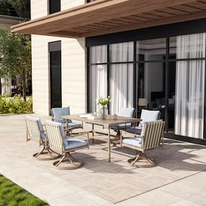 SleekLine 7-Piece Aluminum Rectangular Outdoor Dining Set with Swivel Chairs and Blue Cushions