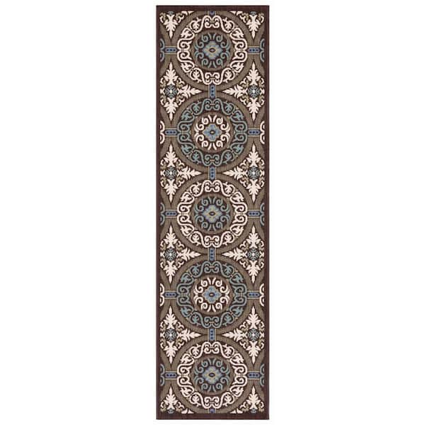 Veranda Chocolate/Cream 2 ft. x 8 ft. Border Geometric Indoor/Outdoor Runner Rug
