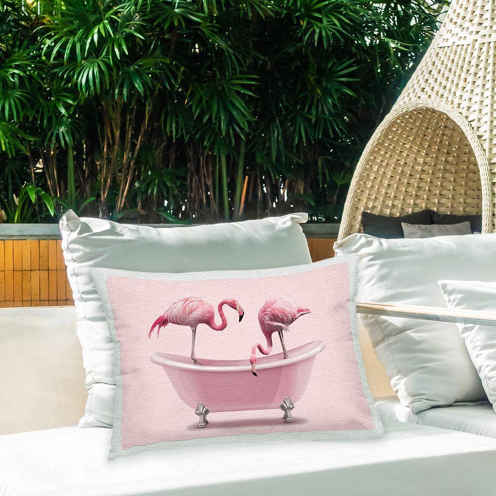 Pink Flamingo Bath Rectangular Outdoor Throw Pillow