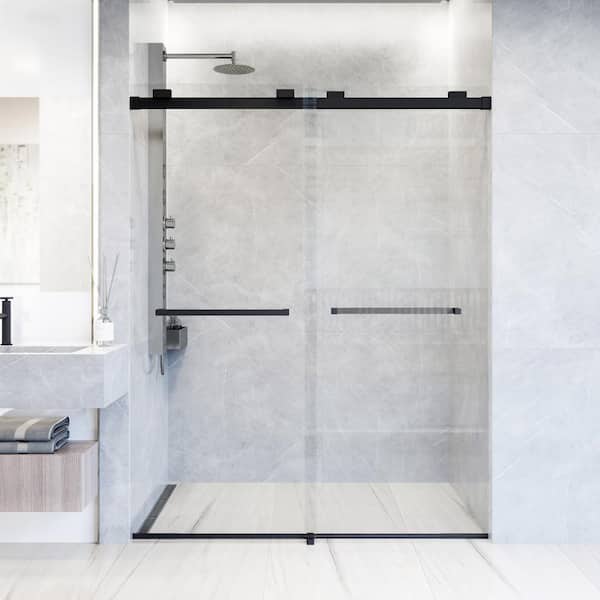 Houston 56 to 60 in. W x 76 in. H VMotion Sliding Frameless Shower Door in Matte Black with 3/8 in. (10mm) Clear Glass