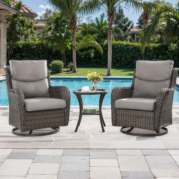 3-Piece Brown Swivel Glider Wicker Outdoor Rocking Chair with Gray Cushions and Side Table