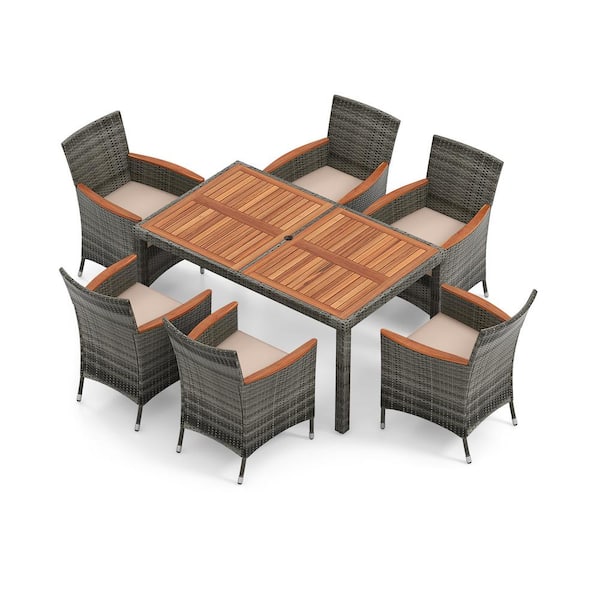 Liviza 7-Piece Wicker Outdoor Dining Set with Beige Cushions