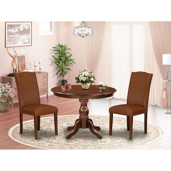 East West Furniture 3-Piece Mahogany Finish Solid Wood Top-Dining Room Set with High Back-Seats 4
