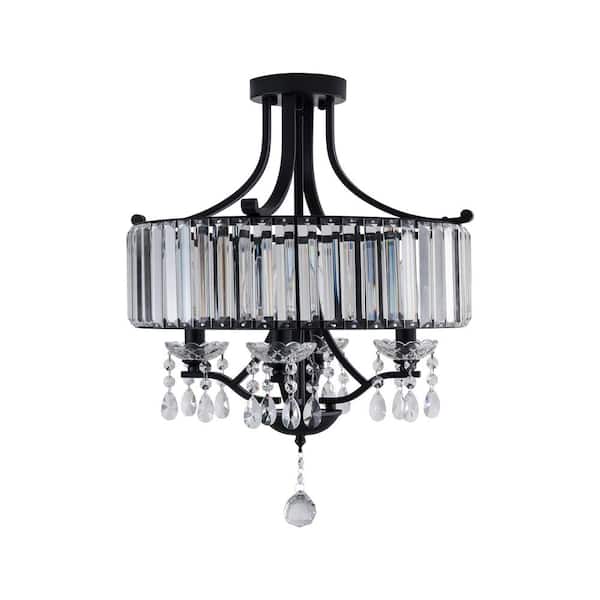 Maxax Jackson 16.5 in. 4-Light Classic Glam Black Flush Mount with Crystal Pendant Accent