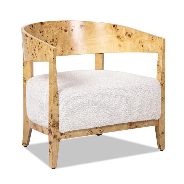Jennifer Taylor Madrid 26.5 in. Burl Wood Barrel Accent Arm Chair in Seashell White Chenille